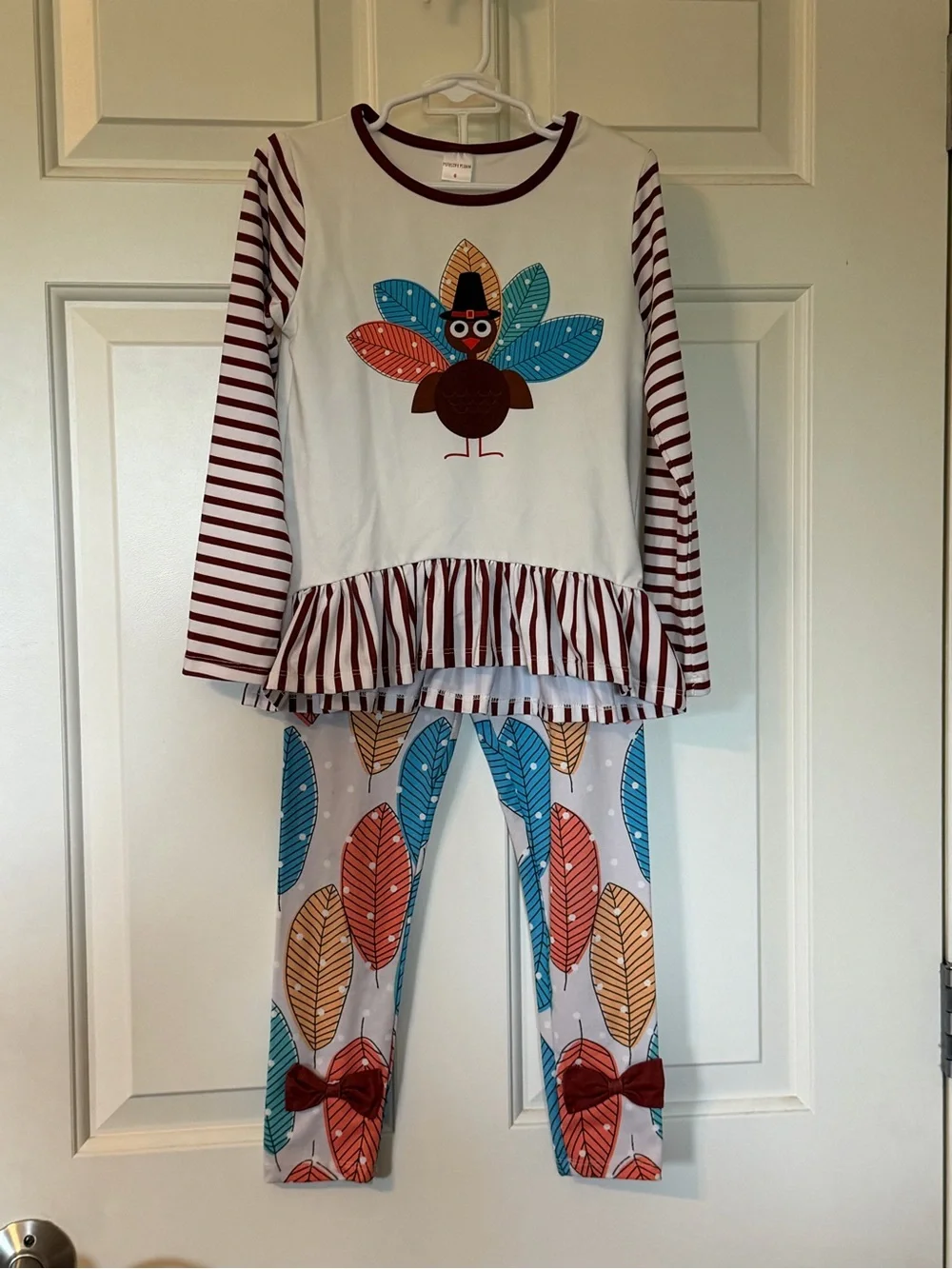 Girls' Cream Burgundy & Teal Turkey Print Set